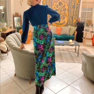 Handmade 70s long mock neck blue floral maxi dress